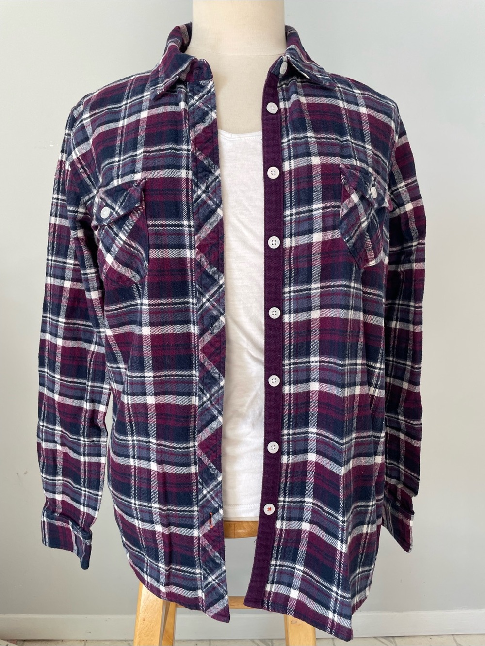 Weatherproof Men's Navy and Burgundy Plaid flannel button up Shirt Jacket